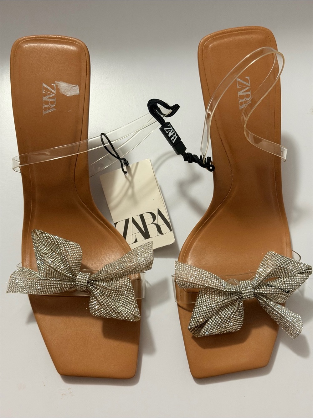 ZARA Tan Slide Heels with Crystal Bow Detail